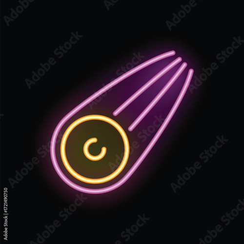 Neon comet icon glowing on dark background, astronomy and space exploration concept