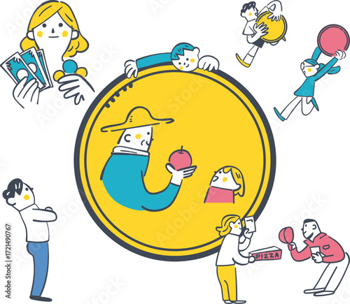 お金の循環と経済活動のつながり　金融教育向けイラスト素材
