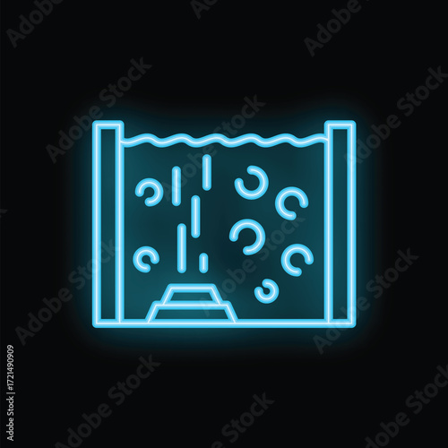 Glowing blue neon icon of a water filtration system removing impurities to produce clean and safe drinking water