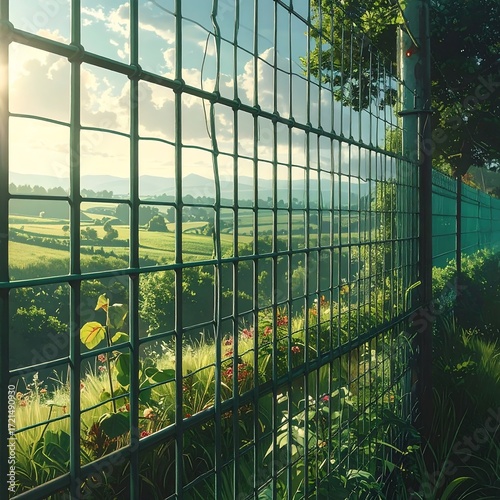 Rural landscape viewed through a fence