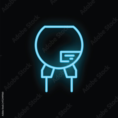 Blue glowing neon icon of a round electric water heater with temperature sensor on black background