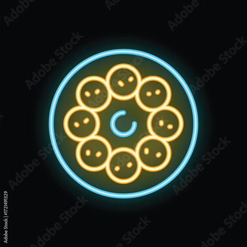 Glowing neon sign representing a revolver cylinder with bullets in blue and yellow on a black background
