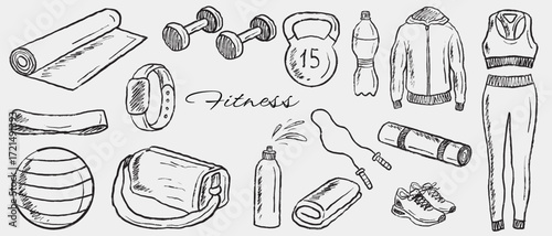 Hand drawn home fitness equipment fitball, gym suit, jumping rope, dumbbells, kettlebell. Vector sketch illustration in vintage crayon textured style. Woman sport bag with accessories