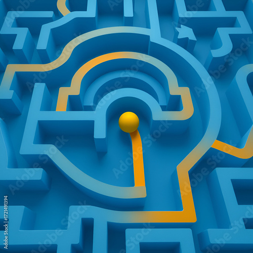 Navigational Journey Through a Complex Blue Maze Featuring a Single Yellow Ball at the Exit Point with an Orange Pathway Highlighting Strategic Decision Making