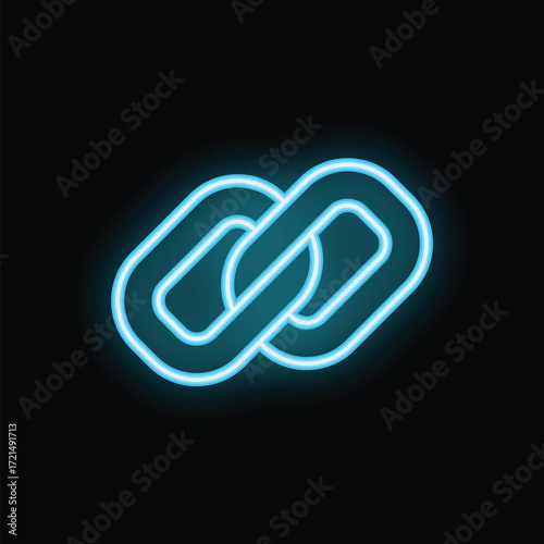 Neon blue chain links icon is glowing on a black background