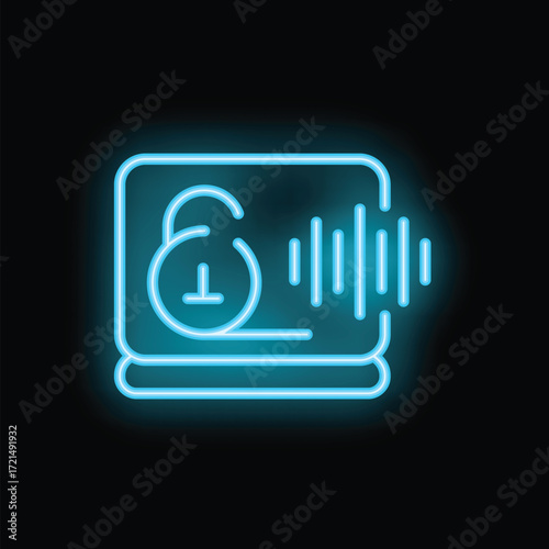Glowing neon icon of a laptop playing audio content with a padlock symbol, representing digital rights management