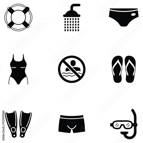 Collection of swimming and beach related icons. set of swimming and beach icons