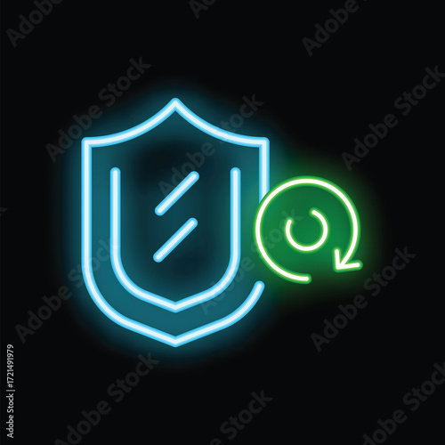 Glowing neon icon of a shield with an update symbol, representing the concept of cybersecurity updates