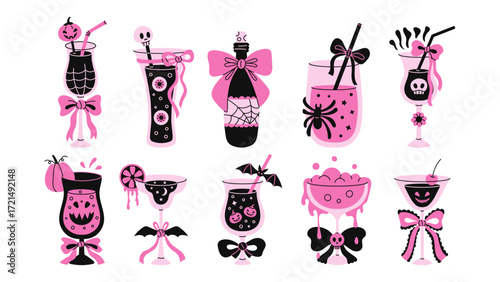 Halloween Cocktail with Bow Set. Hand drawn Coquette Spooky Drink Glass Collection tied with curly ribbons. Pink Girlcore Emo and Gothic Design. Flat vector illustration