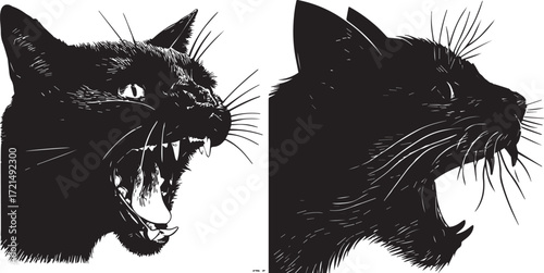 black cat's head roaring, vector illustration, simple lines, white background, woodcut-style, vector graphic, simple design, black and white, high contrast