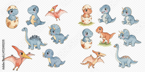 A charming collection of cute watercolor baby dinosaurs, including T-Rex, Triceratops, and some hatching from eggs.