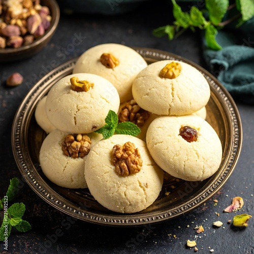 Round cookies with nuts and jam on a bronze plate