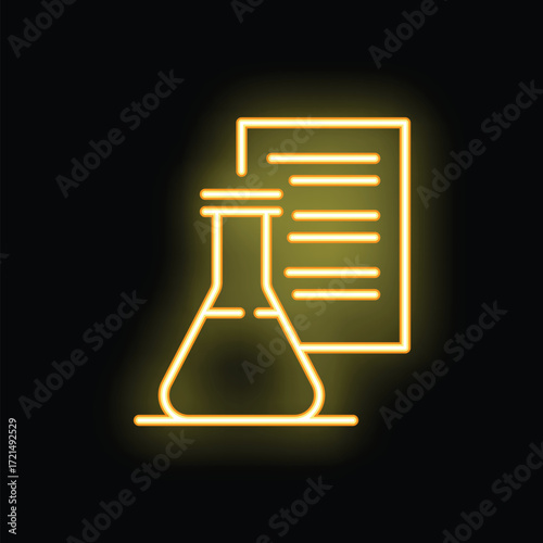 Neon icon of a scientific erlenmeyer flask and a document symbolizing scientific research and discovery
