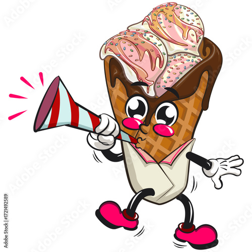waffle ice cream with chocolate and sprinkles mascot blow the party horn trumpet, work of hand drawn