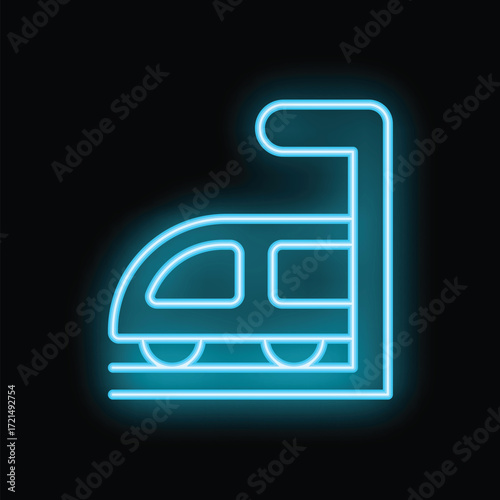Blue neon sign of a train arriving at a platform on a black background