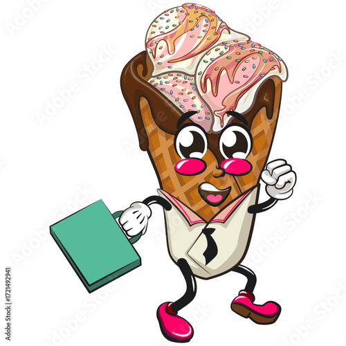 waffle ice cream with chocolate and sprinkles mascot wearing a tie and carrying a suitcase rushing to the office, work of hand drawn