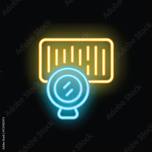 Neon icon depicting a magnifying glass examining a barcode, symbolizing the concept of product authentication and verification