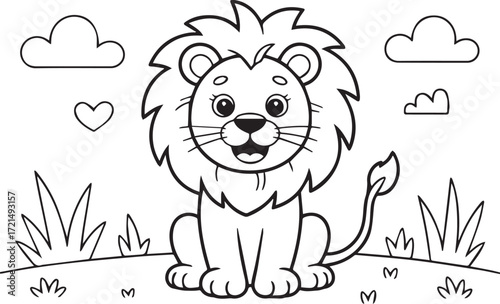 Cute cartoon lion cub sitting in a field with grass and clouds, black and white outline for coloring, perfect for children books isolated on transparent background, liner art style