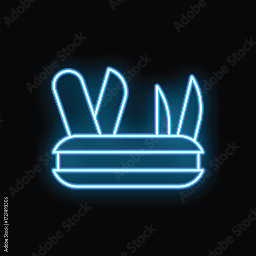 Glowing neon line swiss army knife icon isolated on black background 4k ultra hd glow animation