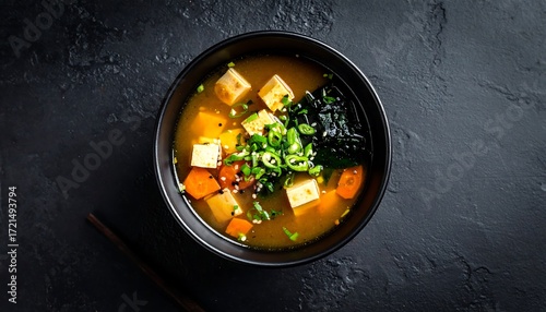 Bowl of miso soup with tofu, vegetables, and seaweed
