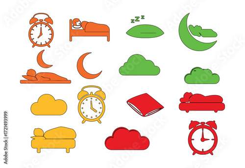 A colorful assortment of sleep related icons including beds clocks moons and clouds on white background, A set of icons for sleep and rest: a person sleeping, a crescent moon, a cloud, a pillow