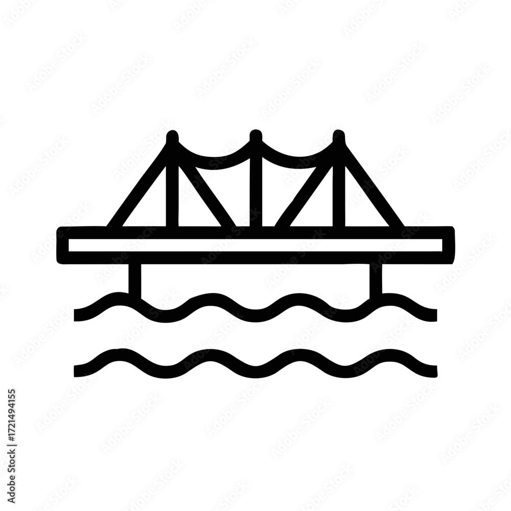 Obraz premium Thin line outline of a suspension bridge over wavy water line art