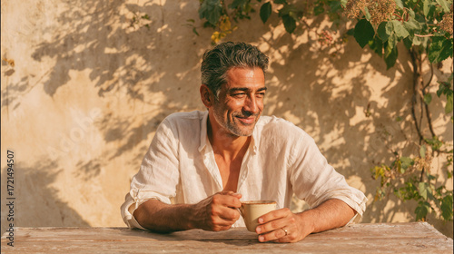 Middle-aged man smiling while sitting at a table in natural light  