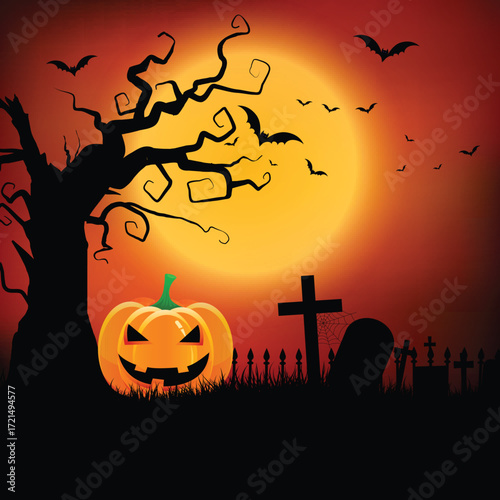 Spooky halloween pumpkin and dead tree against a full moon