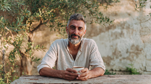 Middle-aged man smiling while sitting at wooden table outdoors  