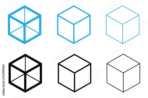 Isometric abstract cube vector icon set. Geometric block, box or brick logo. Dotted, dashed, outline, solid isolated illustrations. Wireframe 3d sign. Square three-dimensional frame