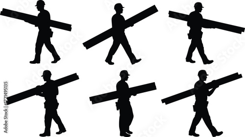 Construction worker silhouette carrying beams, building labor, industrial workforce illustration, heavy lifting job, contractor man design, safety helmet worker icon