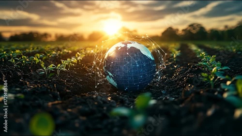 A digital globe representing Earth rests in a fertile agricultural field at sunrise, symbolizing global farming, sustainability, and agritech innovation.