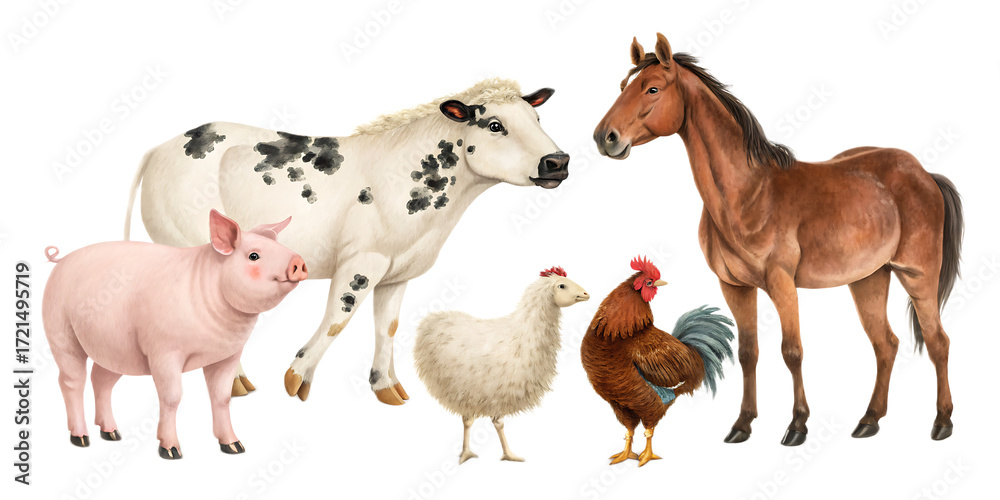 Obraz premium Illustration of a pig, cow, sheep, rooster, and horse standing together on a transparent background