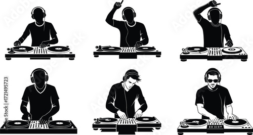 DJ playing music, disc jockey mixing tracks, nightclub party entertainment, electronic dance music performance, turntable artist, music festival DJ illustration