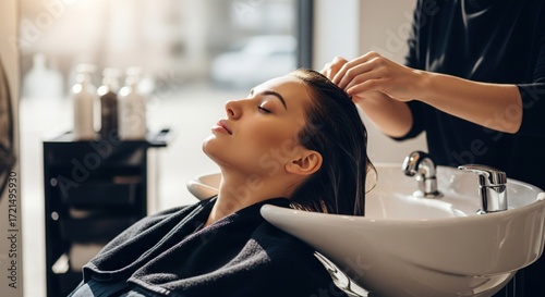 Woman getting a hair wash at a salon.  Sunlight streams in