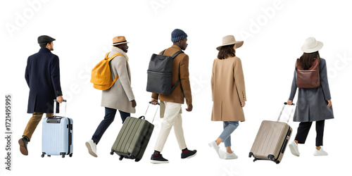 A group of stylish travelers walking with suitcases and backpacks on a black background in a row