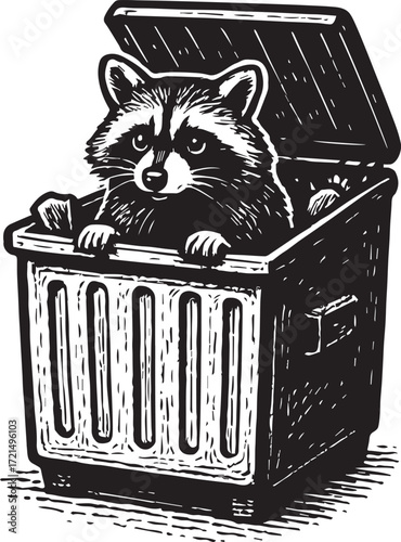 Raccoon in trash can vector illustration