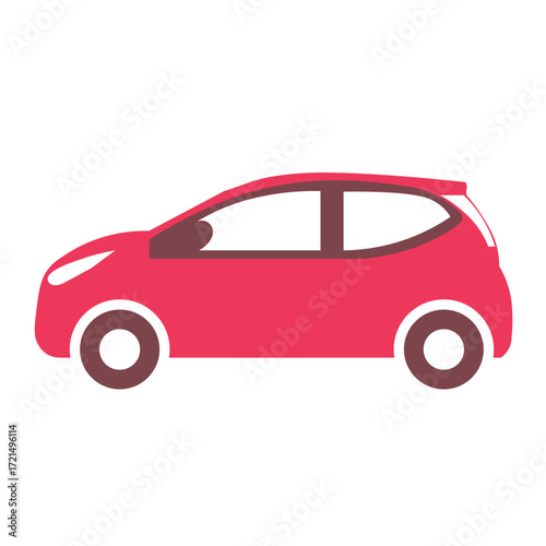 Minimalist flat design red hatchback car icon side view with dark grey windows.