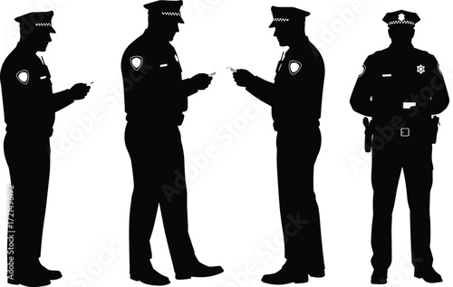 Police officers silhouette illustration, law enforcement security team, policeman standing, writing report, authority figures in uniform, justice protection, public safety enforcement