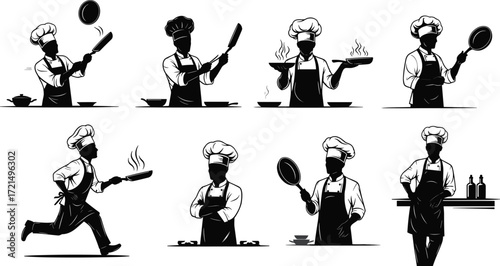 Professional chef silhouettes, cooking in kitchen, culinary art, restaurant food preparation, gourmet cooking, chef uniform, frying pan, culinary teamwork illustration