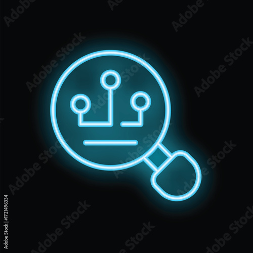 Blue neon magnifying glass is analyzing a network symbol, representing the concept of network analysis