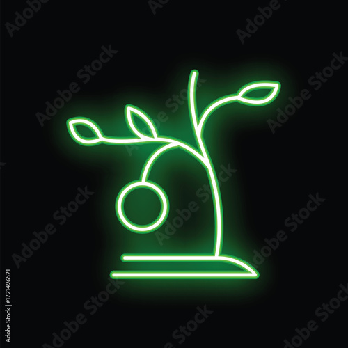 Neon green glowing tree with fruit is depicted on a black background, suggesting concepts such as growth, prosperity, and innovation