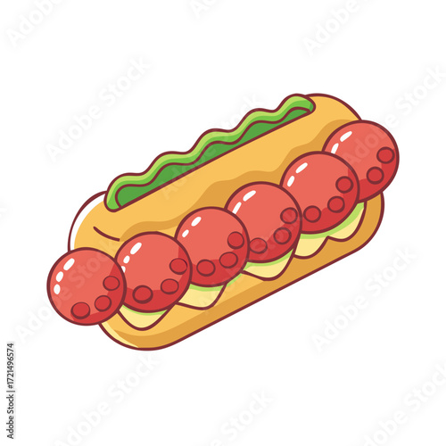 Cartoon drawing of a delicious looking meatball sub with fresh lettuce
