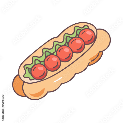 Whimsical Hot Dog Topped with Tomatoes and Lettuce in a Cute Style