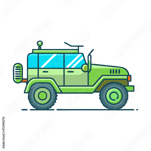 Cartoon green all terrain vehicle with blue glass windows illustration