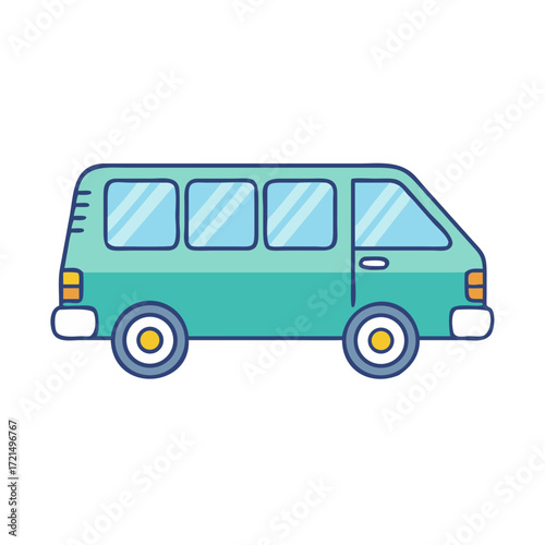 Cute cartoon van with a teal body and blue trim design