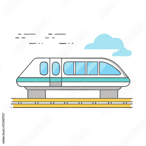 Modern elevated train with blue cloud background and yellow support structure