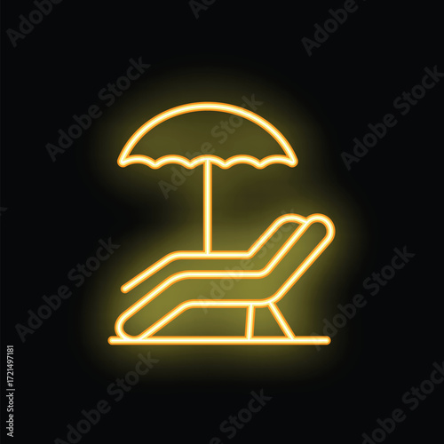 Yellow neon sign representing a deckchair standing under a beach umbrella, on a black background