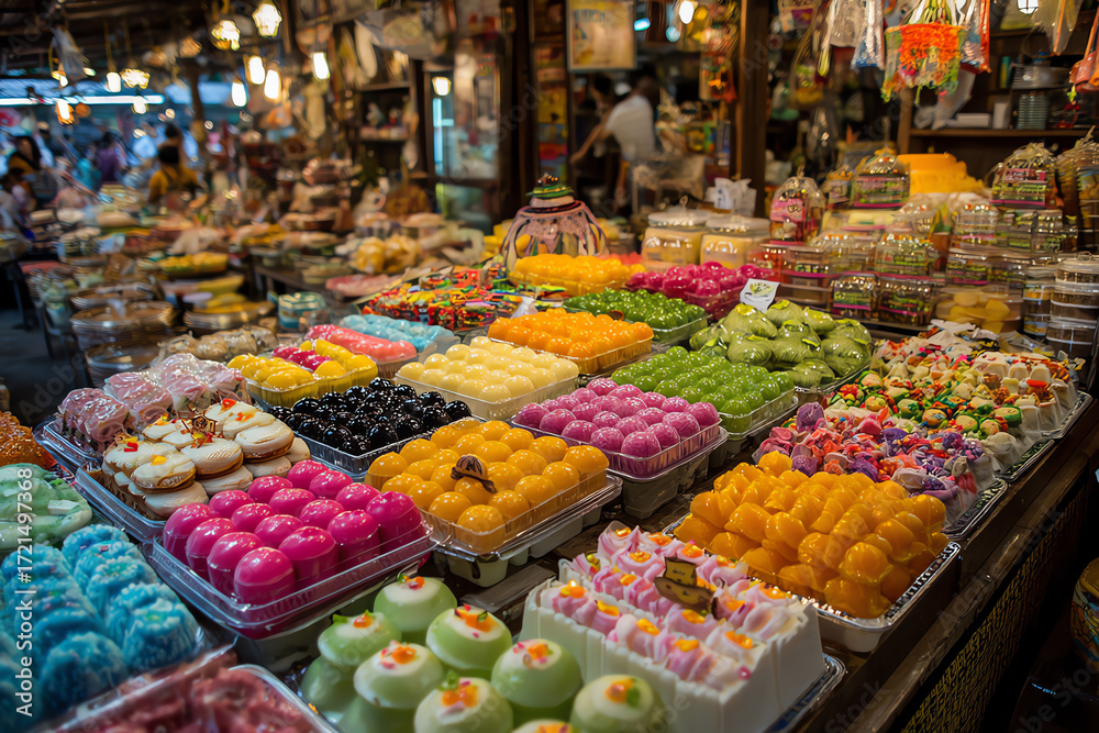 Fototapeta premium Vibrant Sweet Display in Market: A kaleidoscope of vibrant, colorful sweets and desserts tempt customers at a bustling market.