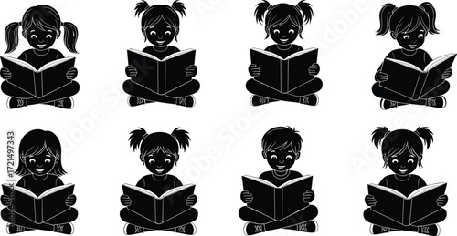 Silhouette children reading books, kids study education concept, cartoon illustration of students, learning knowledge, classroom education, happy children reading together